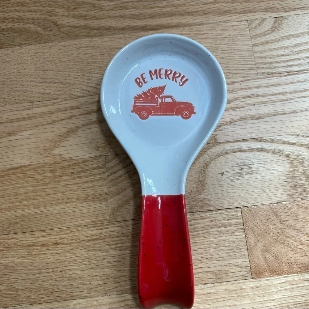 Be Merry Ceramic Spoon Rest Truck Tree White Red NWT